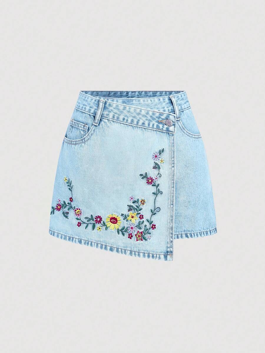 SHEIN MOD Damen Denim Shorts mit floraler Stickerei, Wickeltasche und lässig-Design - Blau - Übersicht 1