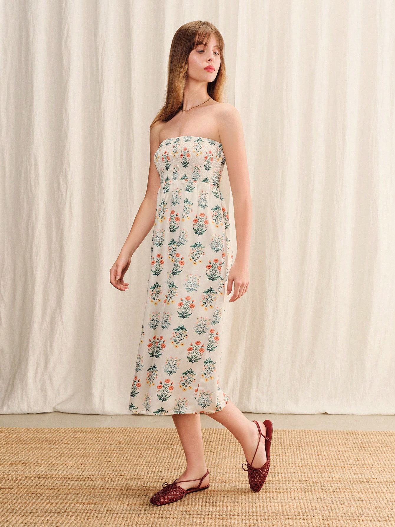 Boho Cream Strapless Floral Print Midi Dress With Shirred Chest Loose Fit Spring Summer Casual Holiday Dress French Style Vacation Dress Going Out Dress