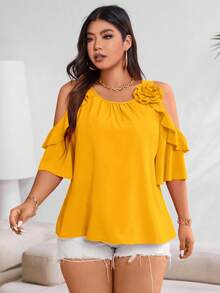 Vionelle Plus Cold Shoulder Ruffle Trim Blouse For Summer For New Year Clothes - Yellow - View 4