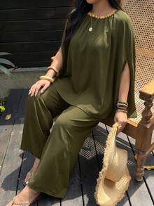 Lacomfia Plus Size Women's Olive Green 2 Pieces Set,Summer Country Tropical Al-Adha Tea Party Beaded Necklace Poncho Top&Loose Long Pants Vacation Outfits - Olive Green - View 6