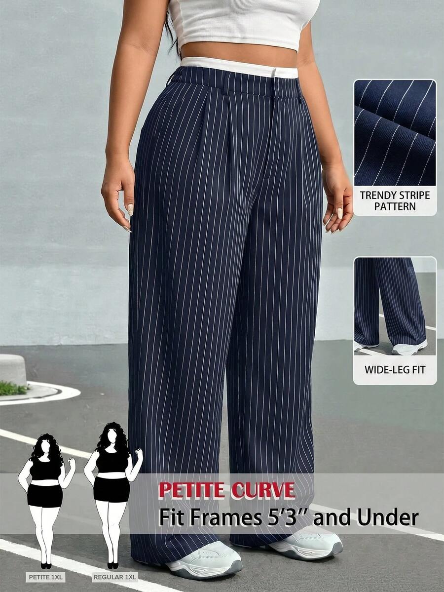 SHEIN PETITE CURVE Quần ống rộng xếp ly kẻ sọc cỡ lớn - Màu xanh hải quân - Xem 1