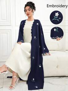 Al Najma Women's Contrast Trim Embroidered Tie Front Robe, Suitable For Daily Wear, Gatherings And Formal Events - Navy Blue - View 1