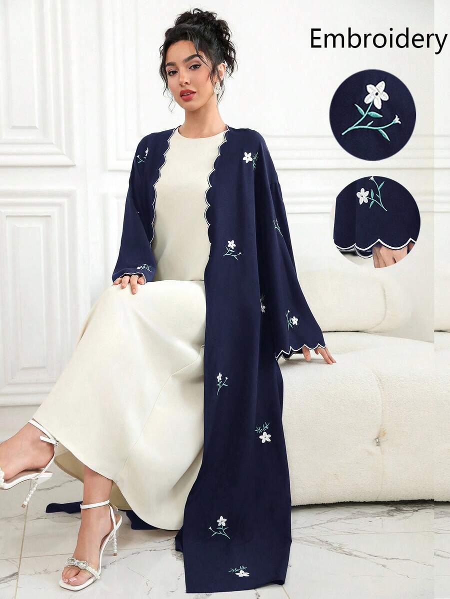 Al Najma Women's Contrast Trim Embroidered Tie Front Robe, Suitable For Daily Wear, Gatherings And Formal Events - Navy Blue - View 1