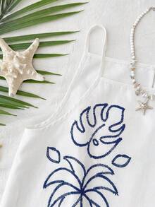Travachic Women's Summer Casual Vacation Tropical Plant Embroidery Camisole,Summer Top - Blue and White - View 5