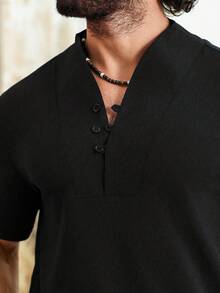VENTUSAIL 男士休閒純色鈕扣短袖襯衫與長褲套裝，夏季，度假 - 黑色 - 查看 5