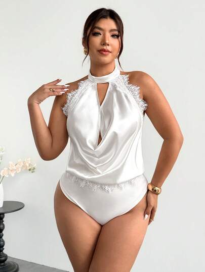 Firerie Plus Size Women's Romantic Solid Color Plunging Neck Backless Sexy Lace Patchwork Draped Bodysuit
