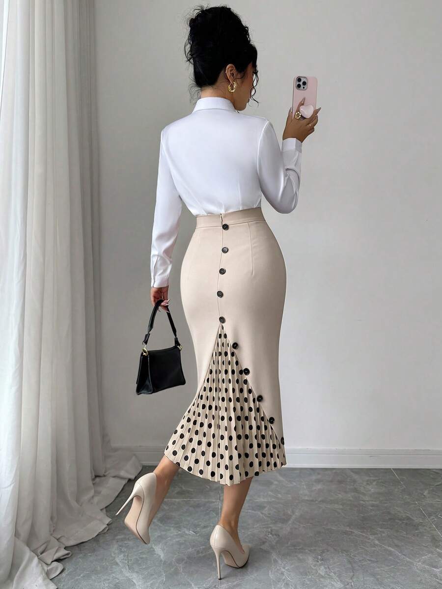 Selianne Women's Elegant Fitted Colorblock Pleated Polka Dot Skirt, Spring/Summer - Multicolor - View 1