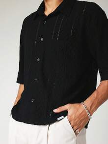 SUMWON Crochet Knit Short Sleeve Button-Up Shirt With Open Weave Texture And Camp Collar - Black - View 4