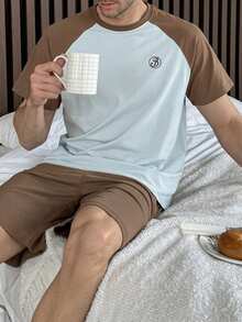 DAZY 男士夏季字母图案拼接撞色柔软面料睡衣套装 - 彩色 - 查看 6