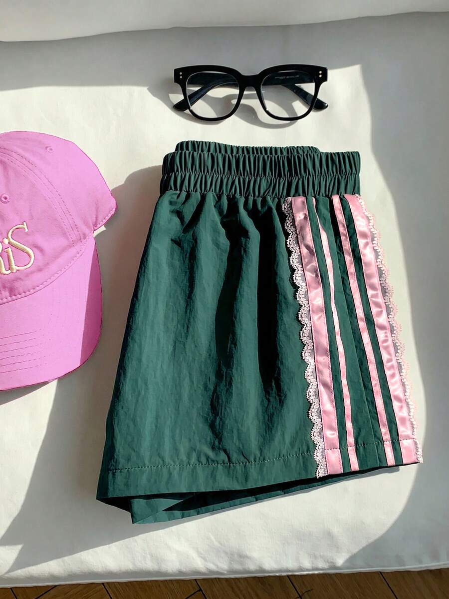 Comfortcana Women's Elastic Waist Contrast Color Lace Loose Casual Shorts, Suitable For Summer - Dark Green - View 1
