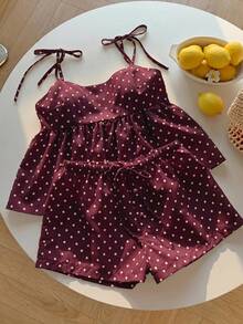 Conjunto de 2 piezas de camiseta sin mangas y pantalones cortos con estampado de lunares para vacaciones, lunares negros - Marrón - Ver 4