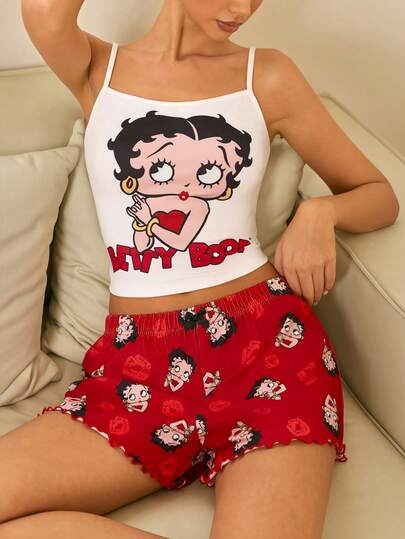 Betty Boop x SHEIN Women's Cute Cartoon Print Camisole And Shorts Pajama Set, Summer