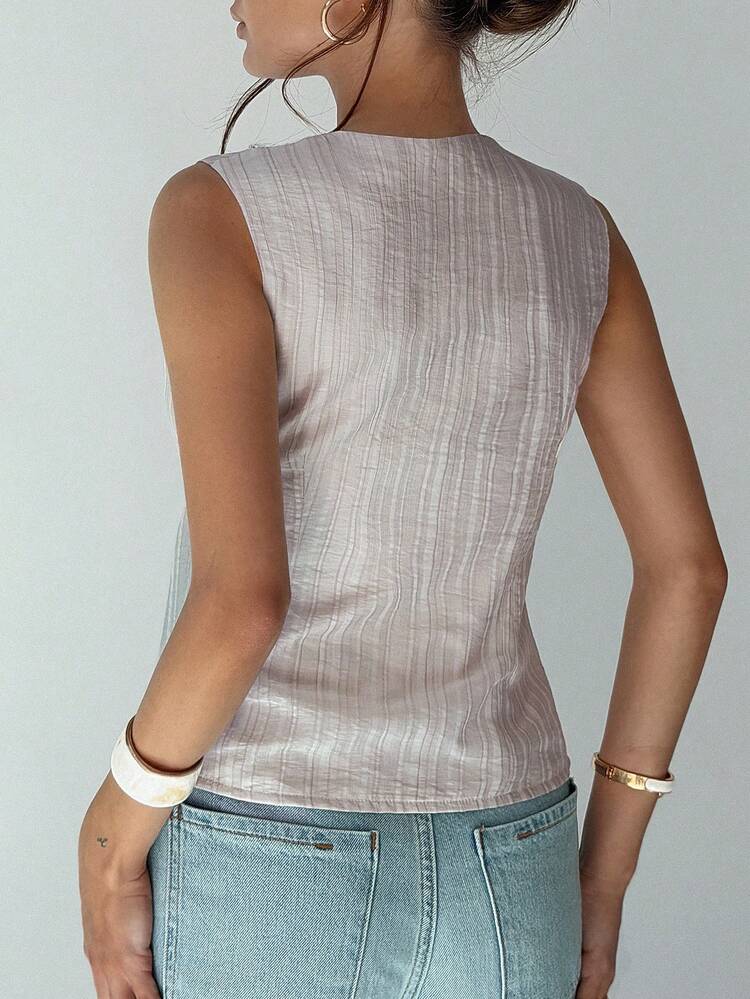 Textured Fabric Asymmetric Tie V-Neck Sleeveless Shirt, Elegant Formal Summer Top For Women