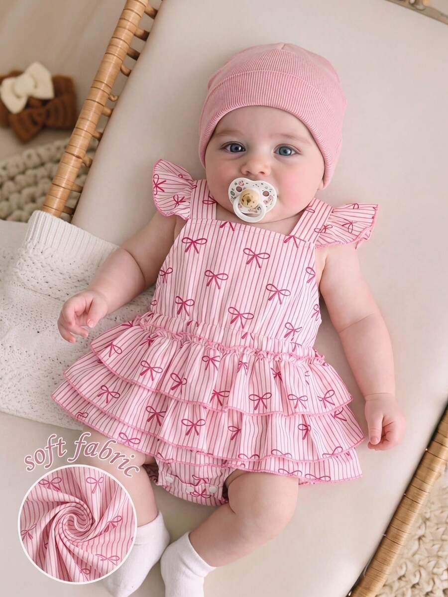 SHEIN Vintaside Kids Baby Girls' Cute & Fun Comfortable Woven Fabric Cap Sleeve Multilayer Ruffle Strap Romper, Suitable For Spring & Summer