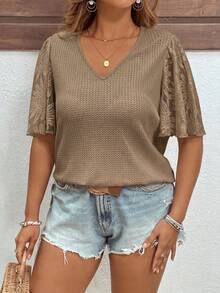 Reflora Plus Size Elegant Waffle Knit Patchwork Ruffle Sleeve T-Shirt Brunch Khaki Summer - Mocha Brown - View 7