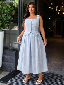 Modelyn Plus Size Solid Color Jacquard Camisole With Bow Tie Shirt And A-Line Skirt Casual 2-Piece Set For Women Gym Brown Summer - Baby Blue - View 6