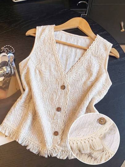 Franclia Große Größen V-Ausschnitt Blumen Spitze Patchwork ärmellos 3D bestickte apricotfarbene elegante Urlaubs-Casual Strandweste mit Quasten für Frauen, Frühling/Sommer