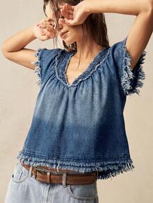 Bohemela Casual Boho Solid Color Woven Denim Loose V-Neck Blouse For Women Vacation Blue Summer Vacation - Blue - View 4
