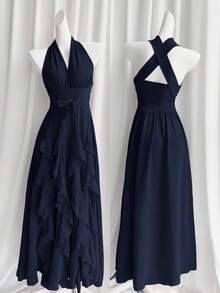Rafferiza Women Navy Blue Summer Elegant Dining Wedding Guest Graduation Birthday Dresses Boho V-Neck Halter Multi-Layered Ruffled Bow Long Maxi Dress Outfit - Navy Blue - View 8