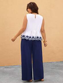 Elaquor Plus Size Floral Embroidery Vest And Pants 2 Pieces Set, Casual Holiday Outfit - Multicolor - View 2