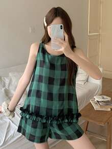 DAZY Bộ đồ ngủ nữ kẻ caro cổ tròn không tay và quần short - trắng - Xem 6