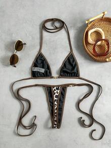 Swim Vcay Bộ bikini nữ họa tiết da báo nhiệt đới gợi cảm, kiểu cổ yếm, gồm áo tam giác và quần buộc dây bên hông, bộ bikini thanh lịch thích hợp cho kỳ nghỉ biển và tiệc tùng. - Nhiều màu - Xem 3