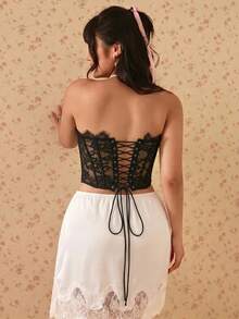 CovetEZ Top de camisola sexy de encaje talla grande, unicolor, estilo de vacaciones, primavera/verano - Negro - Ver 3