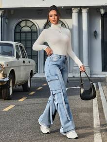 SHEIN Tall 女士休闲时尚街头日常通勤翻盖口袋阔腿牛仔裤 - 藍色 - 查看 7