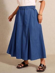 Elaquor Plus Size Solid Color Slant Pocket Elastic Waist Casual Traditional Denim Skorts Brunch Date Night Hiking Blue Autumn - Medium Wash - View 3
