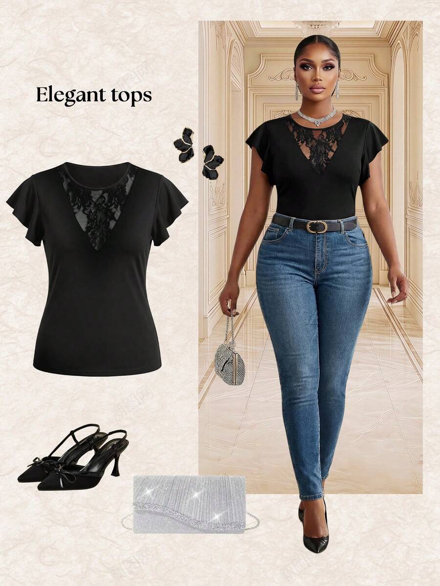 Fleurora Plus Size Women V-Neck Semi-Sheer Lace Patchwork Ruffle Sleeve Casual T-Shirt, Fashionable Daily Versatile Spring/Summer New Arrivals Concert Women Rave Festival Rave Elegant Women Short Sleeve Top Rave - Black - View 1
