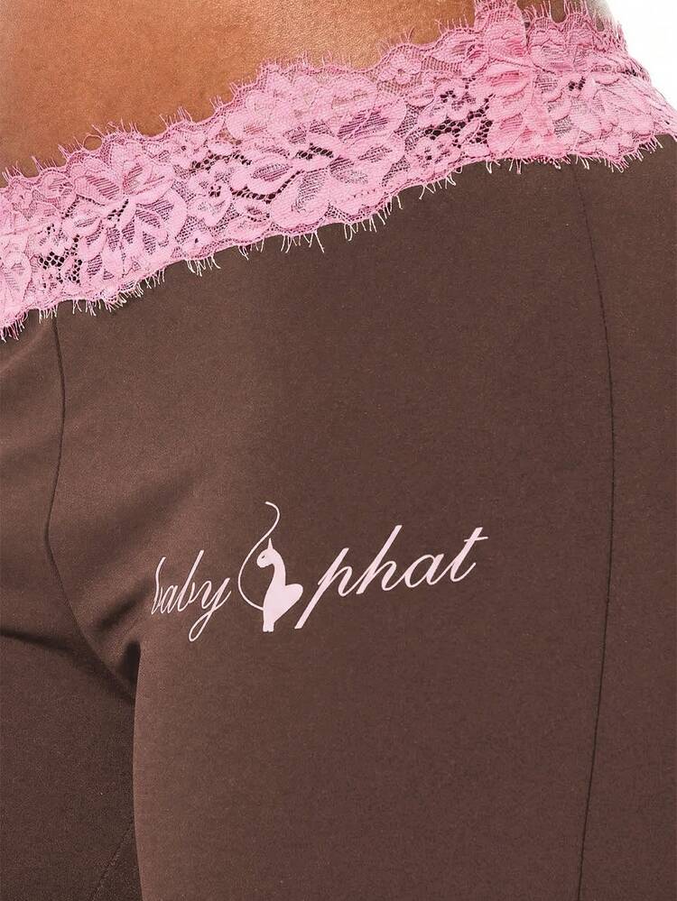BABYPHAT 여성 브라운 레이스 허리 디테일 레깅스 플레어 하의 요가 팬츠 보헤미안 스타일 캐주얼 일상 편안한 팬츠