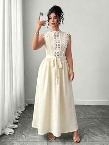 SHEIN Clasi Plus Size Women's New Elegant Casual Minimalist Vacation Lace Trim Hollow Out Textured All White Dress Brunch Party Summer - Apricot - View 4