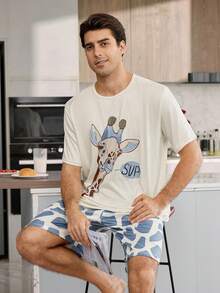 CoupledUp Men's Cartoon Print Round Neck Casual Short Sleeve Shorts Pajama Set - Apricot - View 2