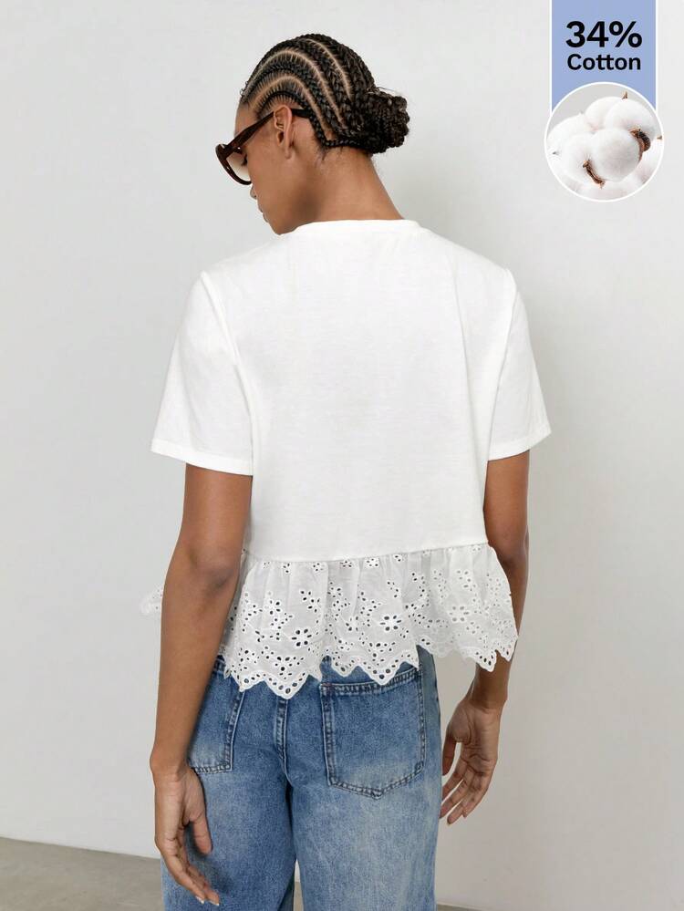 SHEIN Maija White Women's Round Neck Short Sleeve Hollow Embroidered Ruffle Hem T-Shirt,Elegant Summmer Casual Everyday Blouses,Vacation Holiday Beach Tops
