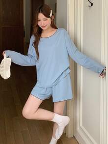 DAZY Women's Solid Color Minimalist Long Sleeve Top And Shorts Pajama Set - Blue - View 8