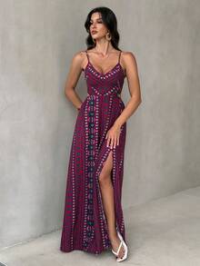 SHEIN Tall 女士几何印花时尚性感吊带度假连衣裙 - 紅色 - 查看 1