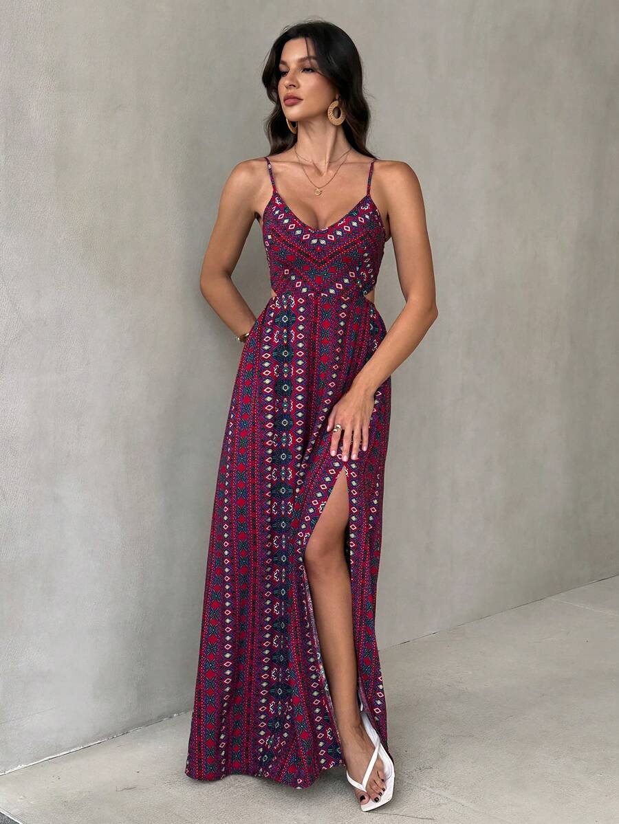 SHEIN Tall 女士几何印花时尚性感吊带度假连衣裙 - 紅色 - 查看 1