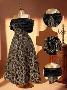 Rometta Đầm trễ vai thắt eo thanh lịch dành cho nữ cỡ lớn, chất liệu dệt jacquard. - màu đen - Xem 4