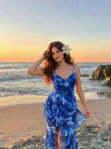 SHEIN MOD Đầm maxi dáng suông cổ chữ V xẻ cao xếp ly họa tiết hoa nhuộm tie-dye dành cho nữ cỡ lớn, trang phục Giáng sinh, trang phục năm mới, đầm thanh lịch cho nữ, đầm gợi cảm, đầm xẻ tà, đầm dự tiệc Giáng sinh, đầm đêm giao thừa cho nữ, trang phục ngày lễ cho nữ, kỳ nghỉ, đầm hoa cho nữ, cảm hứng Giáng sinh, đầm hẹn hò, trang phục dự tiệc, đầm khoét lưng, đầm dạ hội họa tiết hoa, đầm dự tiệc tối cho kỳ nghỉ, trang phục dự tiệc tối cho nữ - Màu xanh lam - Xem 8