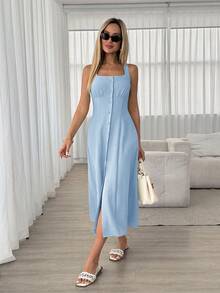 Easowa Đầm nữ trơn màu, không tay, cài cúc phía trước, kiểu dáng thường ngày, thích hợp cho mùa hè. - Màu xanh nhạt - Xem 2
