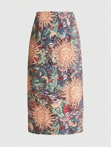 ROMWE Hippie Women's Sun Face Print Side Slit Hem Midi Skirt - Green - View 2