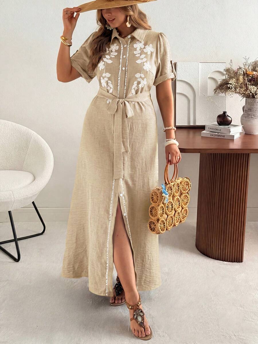 Ceyna Plus Size Embroidered Front Short Sleeve Denim Effect Dress Fall - Khaki - View 1