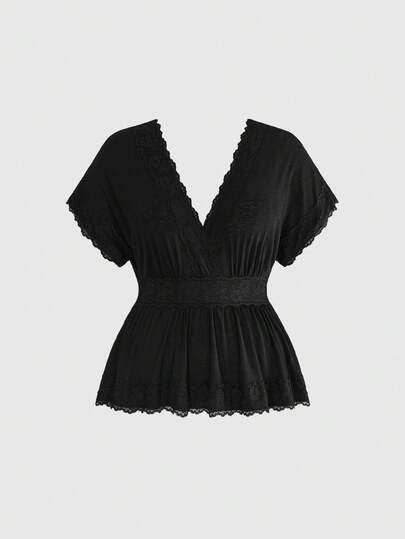 ROMWE Casual Versatile V-Neck Cinched Waist Sheer Sleeve Plus Size Loose T-Shirt