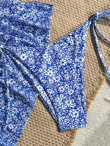 Swim SXY 3件套碎花金色珍珠装饰挂脖三角比基尼上衣、侧系带泳裤和裙子性感泳装套装，女士，春夏款 - 彩色 - 查看 5