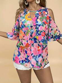 Comfylo Blusa casual versátil de uso diario con estampado floral y hombros descubiertos para mujer de talla grande - Multicolor - Ver 5