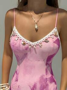 Aloruh New Romantic Bohemian Floral Mesh Print Patchwork Shell Ribbon Waist Maxi A-Line Dress,Dresses For Women Summer - Pink - View 6