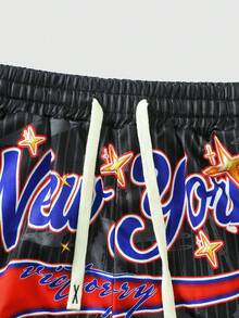 ROMWE MEN Street Life Quần short nam mùa hè kiểu dáng thường ngày, kẻ sọc, in hình ngôi sao và chữ cái. - màu đen - Xem 4