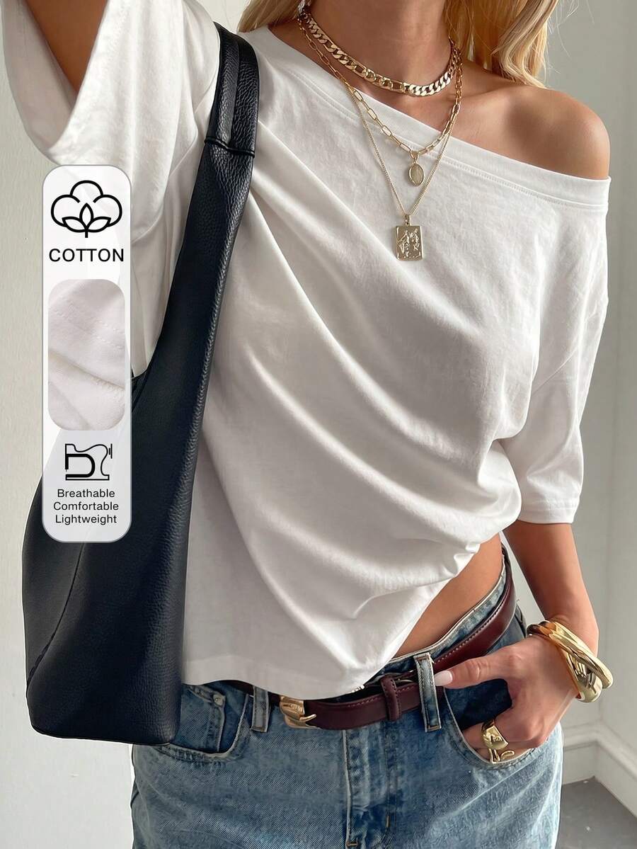 Livesso Women's Casual Loose Fit Round Neck Basic Short Sleeve Top, Autumn/Winter - White - View 1