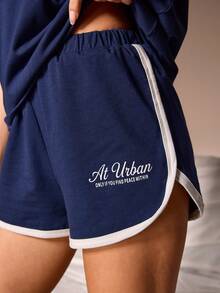 Lazeform Cotton Blend Colorblock Polo Collar Short Sleeve Shorts Pajama Set For Women Back-To-School Lounge Navy Blue Summer Casual - Navy Blue - View 7