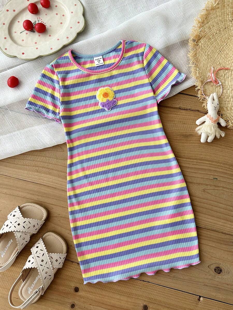 SHEIN Young Girl Knitted Striped Round Neck 3D Floral Casual Dress - Multicolor - View 1